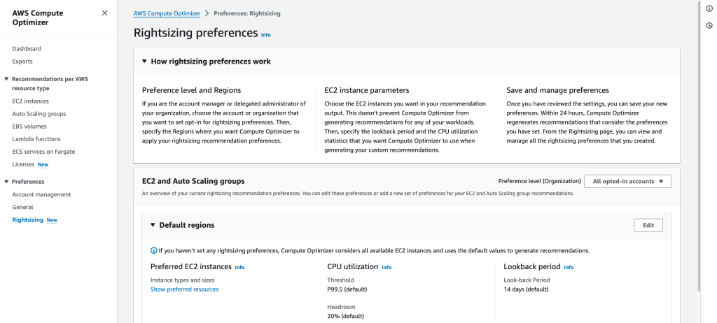 Figure 1. Landing page of Rightsizing recommendation preferences