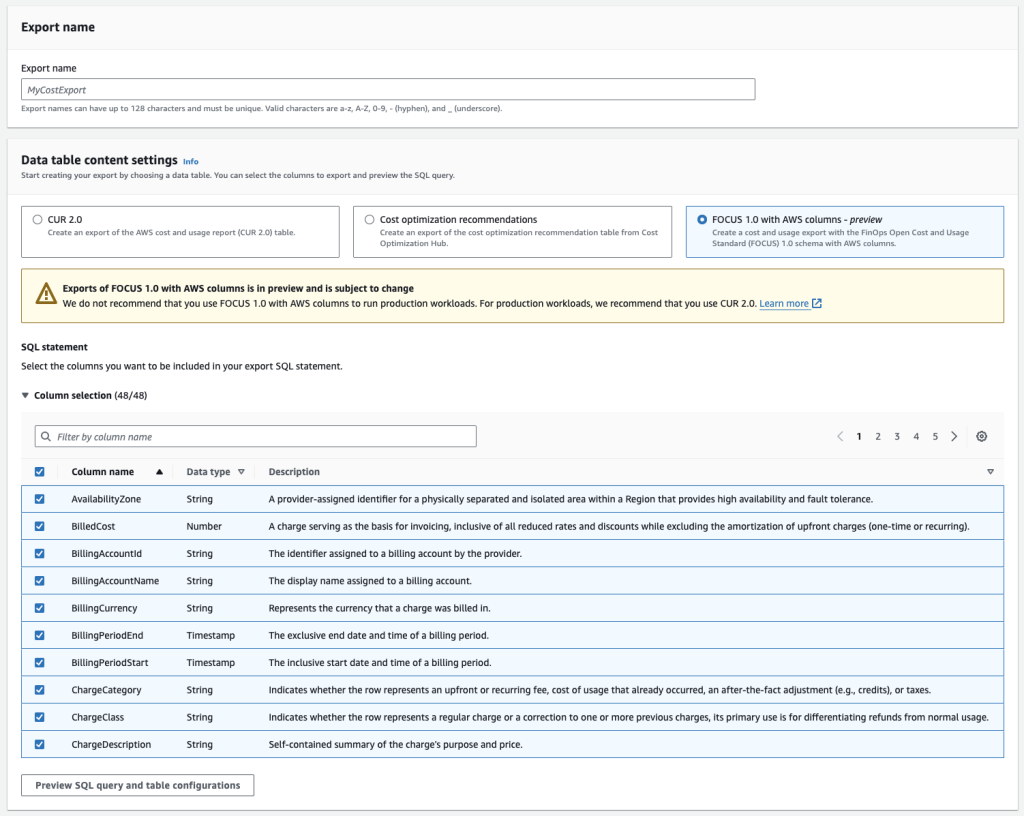 Figure 1. Sample screenshot of Data Exports for FOCUS 1.0