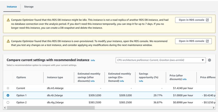 Figure 1. Sample screenshot of Amazon RDS rightsizing recommendations in AWS Compute Optimizer