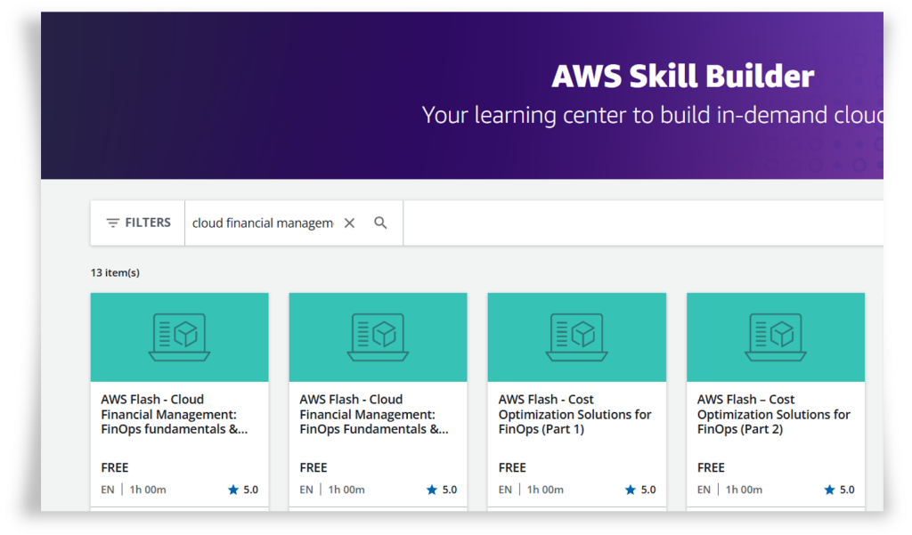 Figure 1. Screenshot of searching for "Cloud Financial Management" courses in AWS Skill Builder