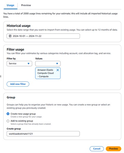 Figure 1. Sample screenshot of adding historical EC2 usage to workload estimate