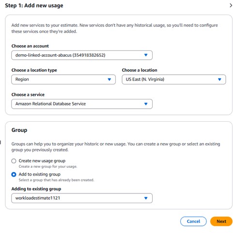 Figure 4. Sample screenshot of adding new Amazon RDS - Aurora usage