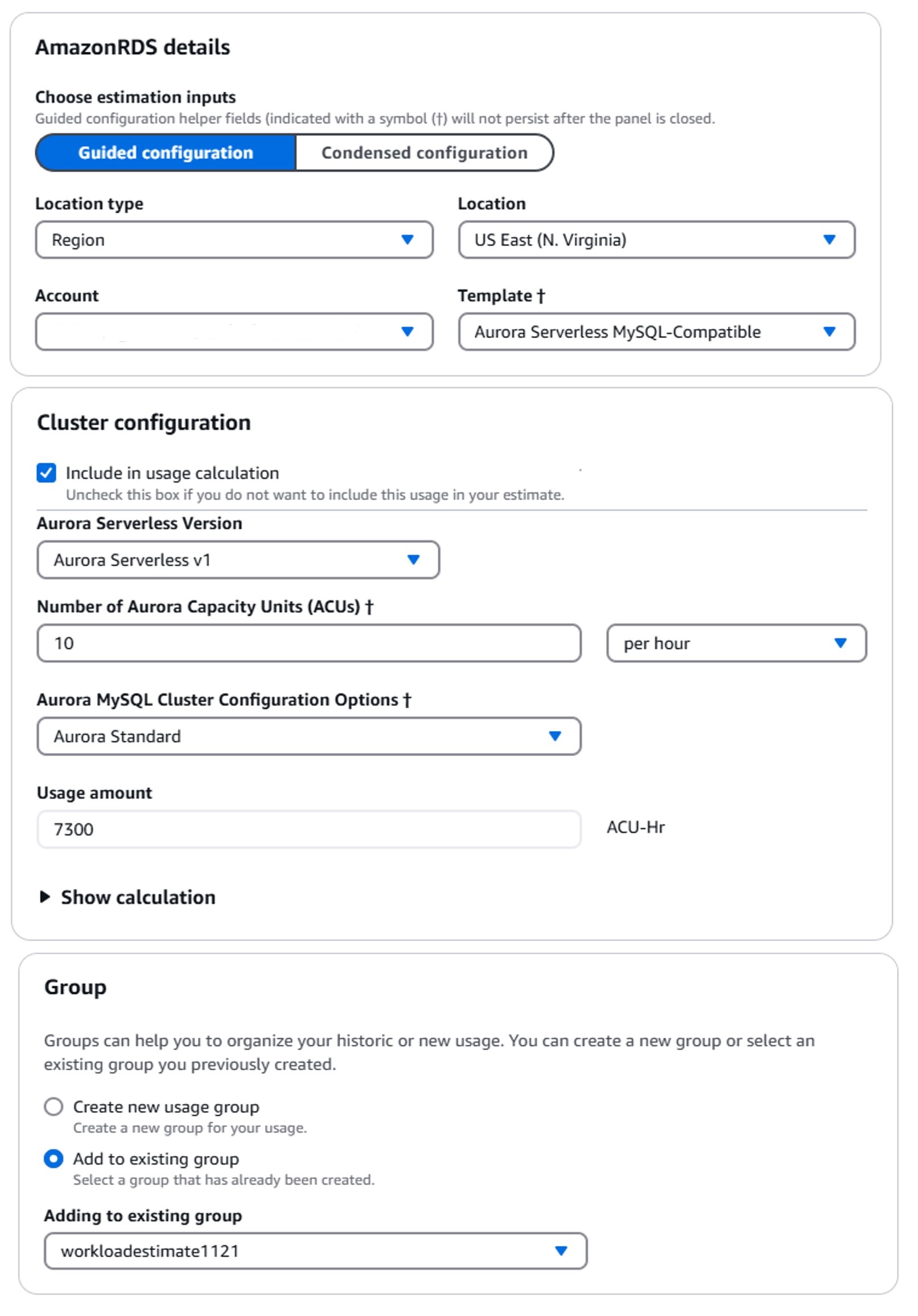 Figure 5. Sample screenshot of configuring details of new Aurora usage