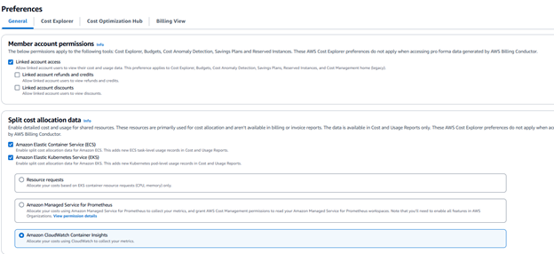 Figure 2. Sample screenshot of Split cost allocation data opt-in under the cost management preference