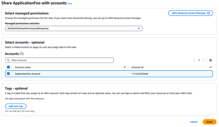 Figure 2. Sharing a custom billing view with account 111222333444