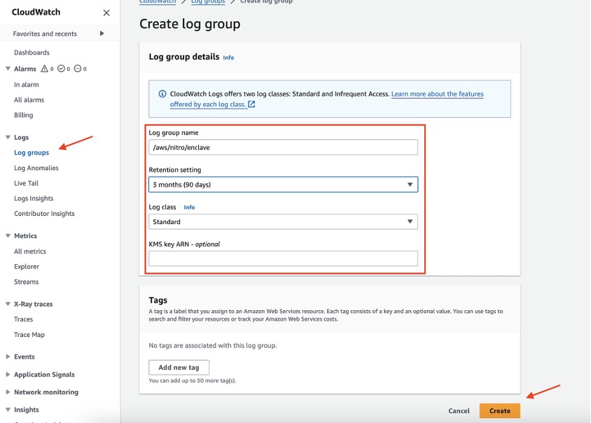 Figure 3 – Create Log Group to store Nitro Enclave Logs 