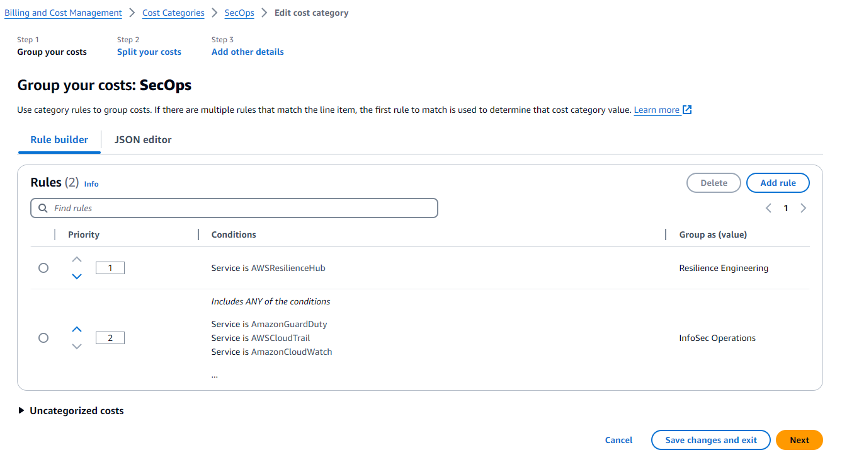 Figure 2. Setting up child Cost Category ‘SecOps’