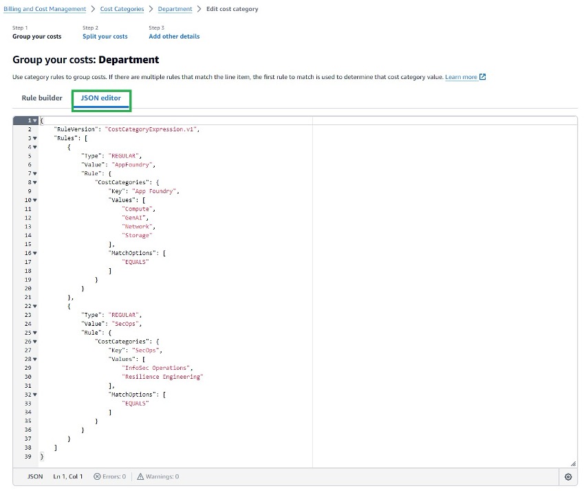 Figure 7. Cost Category JSON Editor