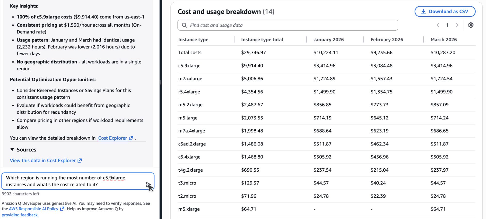 Figure 5: Sarah asks a follow-up question about which regions are running c5.9xlarge instances and the associated costs.