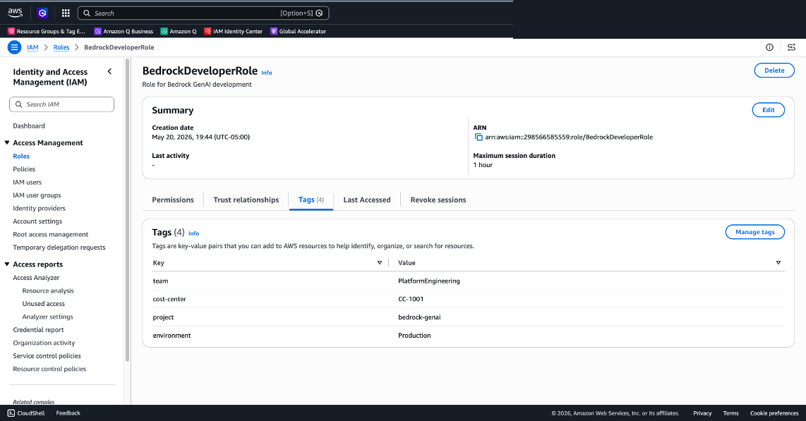 AWS IAM Console showing the Tags tab for an IAM role named "BedrockDeveloperRole." The summary section displays the role ARN, creation date, and maximum session duration. The Tags tab is selected, showing a table with four tags: "cost-center" with value "CS-1897," "project" with value "bedrock-genai," and two additional tag entries. The left navigation panel shows IAM menu items including Dashboard, Access Management, and Access Reports sections.