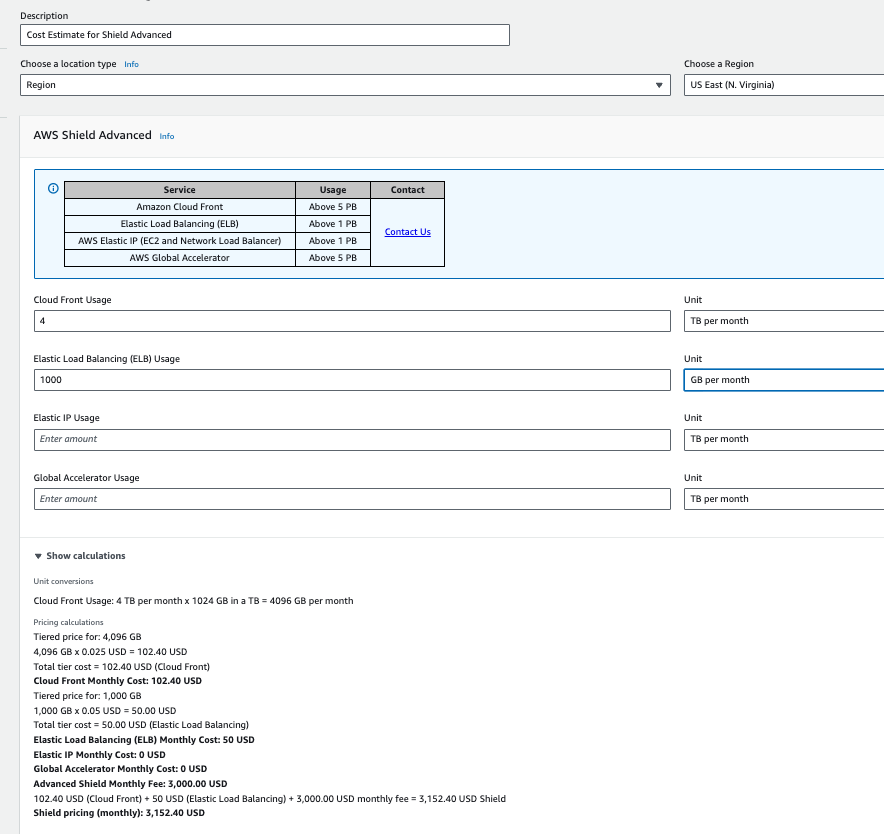 AWS Pricing Calculator configuration for AWS Shield Advanced in US East (N. Virginia) showing 4 TB per month CloudFront usage and 1,000 GB per month ELB usage. Total estimated cost: 3,152.40 USD per month (102.40 USD CloudFront data transfer, 50.00 USD ELB data transfer, 3,000.00 USD Shield Advanced subscription fee).