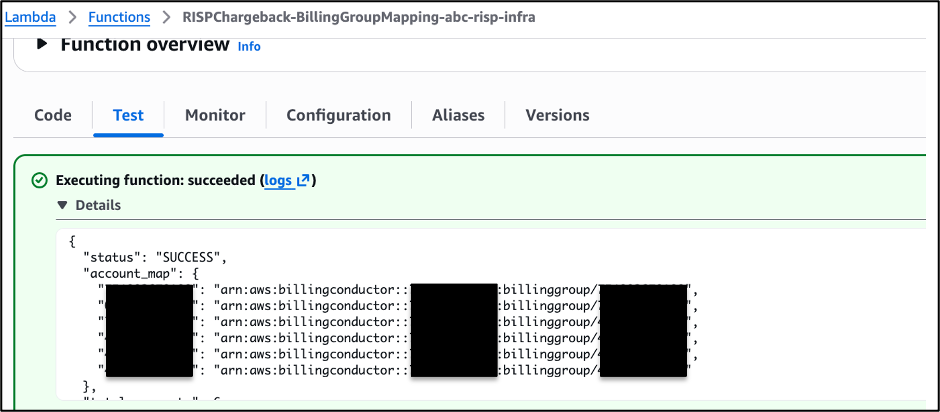 Lambda console showing a successful test execution of the RISPChargeback-BillingGroupMapping function, returning a JSON response with account-to-billing-group ARN mappings.