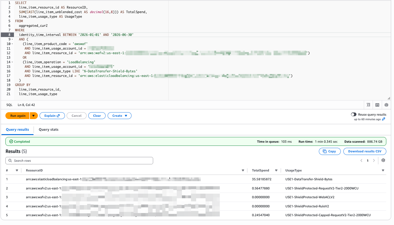 AWS Shield and WAF usage data table showing monthly spend by resource from January to June 2026. Includes DataTransfer-Shield-Bytes charges for an Elastic Load Balancer (~$5-6/month) and ShieldProtected request, rule, and WebACL charges for WAFv2 resources (mostly $0.00 with small request tier costs of ~$0.10-0.15/month).