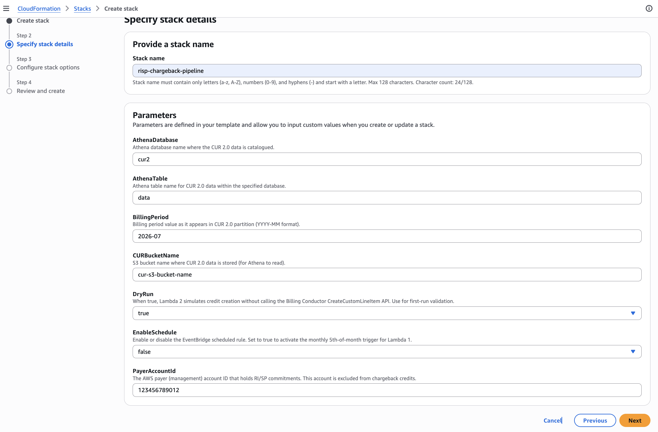 AWS Lambda console showing a successful test execution of the function "RISPChargeback-BillingGroupMapping-abc-risp-infra". The response body displays a JSON object with status "SUCCESS" and an account_map mapping account IDs to their corresponding Billing Conductor billing group ARNs.