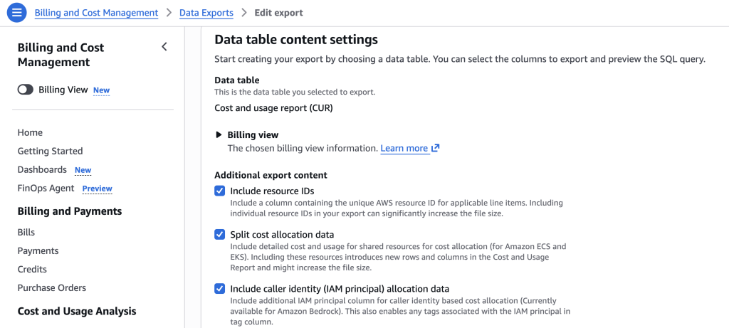 Figure 1: Data Exports CUR 2.0 tick box for adding IAM principle data.