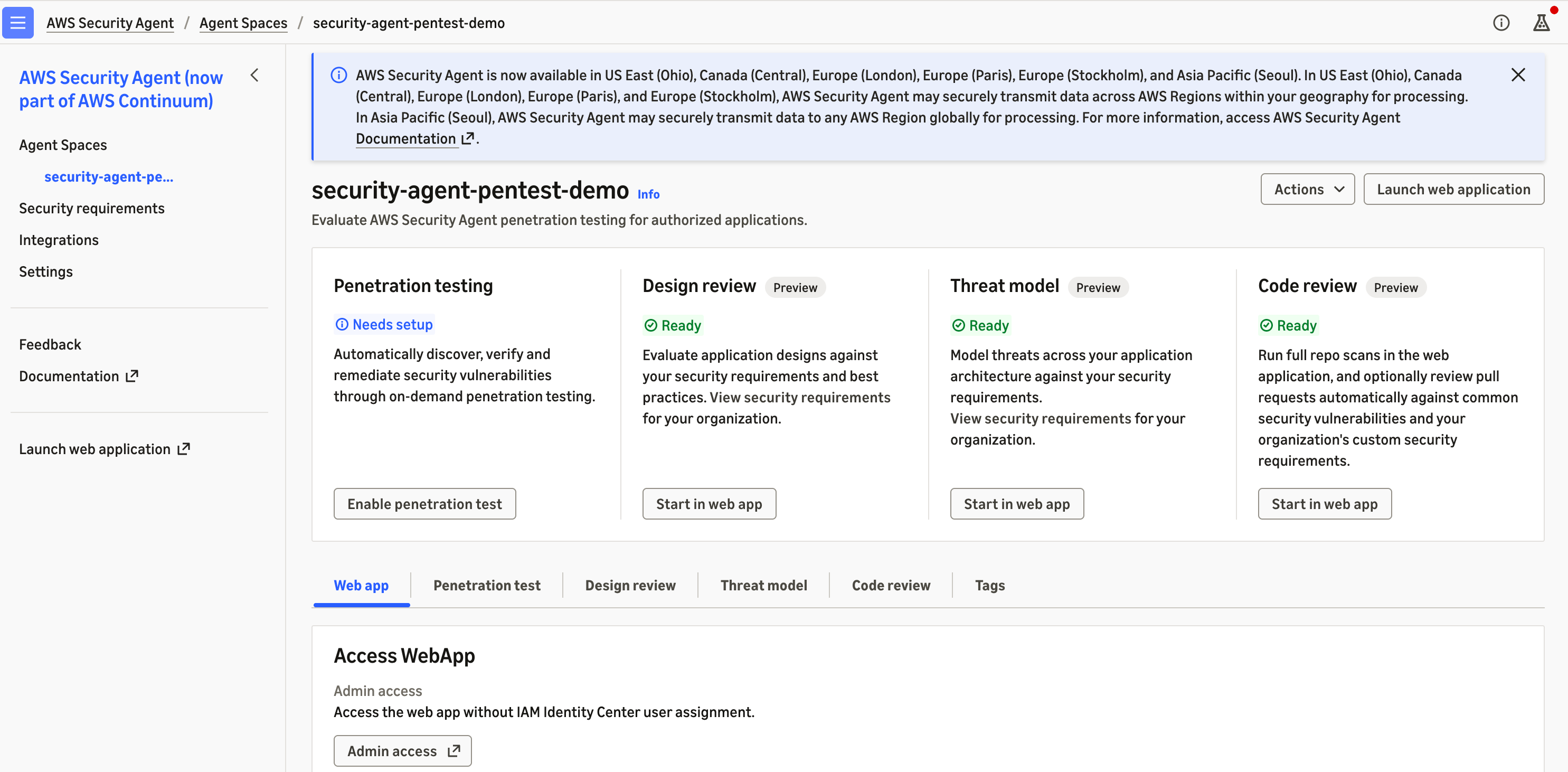 图 1:AWS 测试环境中的 Agent Space 与 Penetration testing 入口(us-west-2)