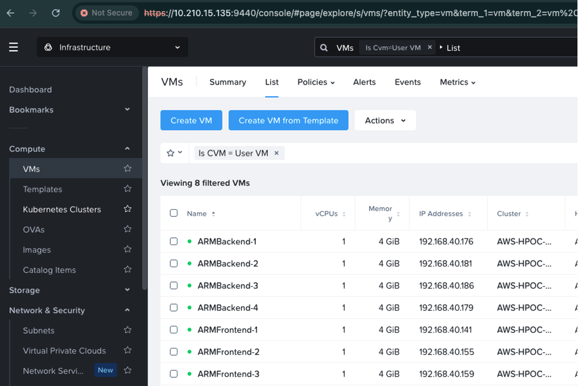 Figura 17 VMs migradas y en ejecución en NC2 sobre AWS en la red correcta
