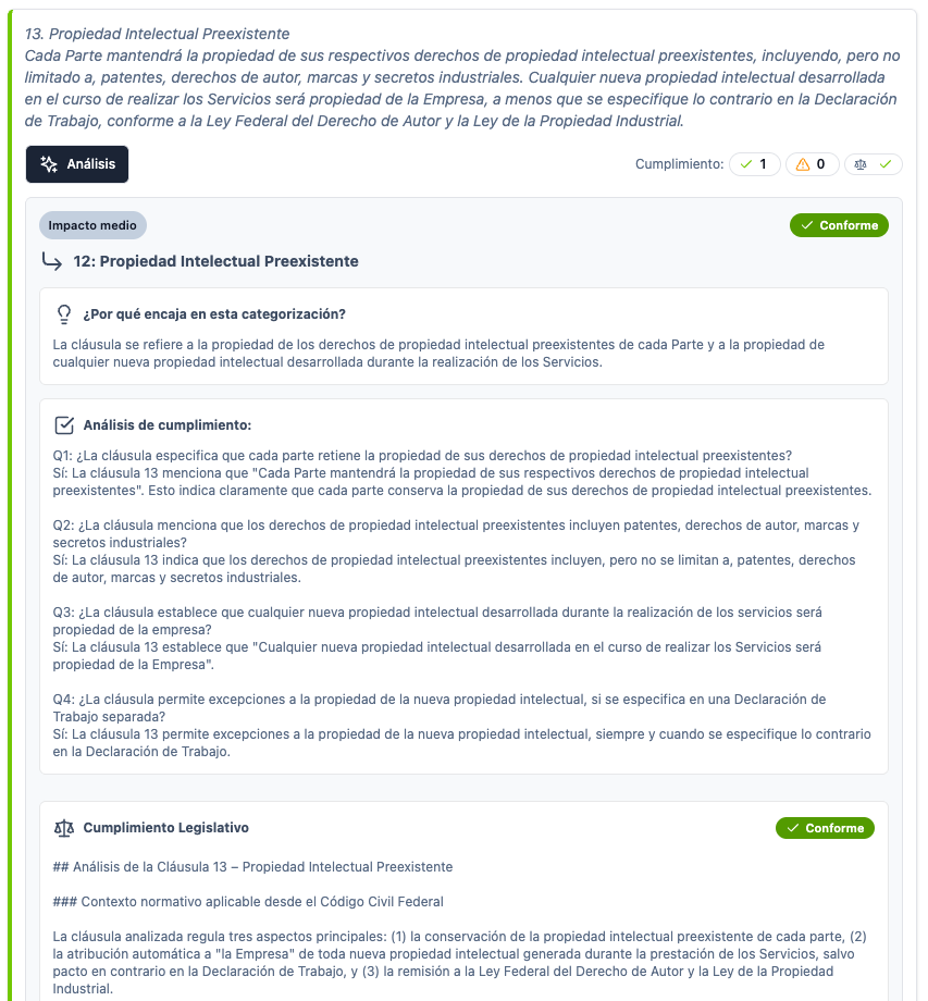 Pantalla de análisis de una cláusula, que muestra el texto de la cláusula, el tipo clasificado, el estado de cumplimiento y la lista de preguntas de evaluación con respuestas Sí, No o No estoy seguro