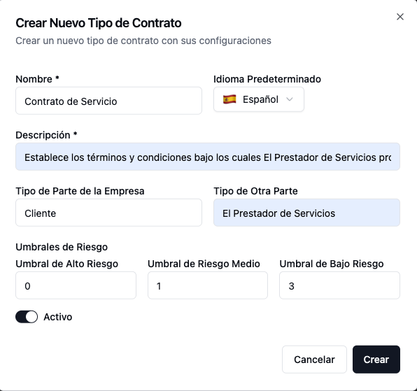 Formulario "Crear Nuevo Tipo de Contrato", con campos para nombre, idioma predeterminado, descripción, tipo de parte de la empresa y de la otra parte, y los límites de tolerancia de riesgo alto, medio y bajo
