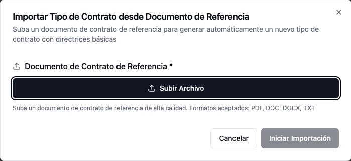 Modal "Importar Tipo de Contrato desde Documento de Referencia", con el botón "Iniciar Importación"