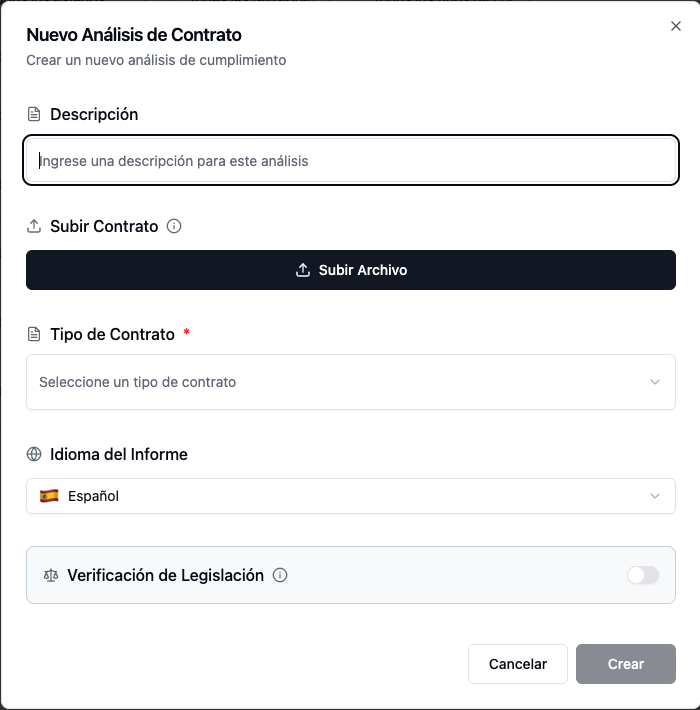 Modal "Nuevo Análisis de Contrato", con campos para descripción, carga del contrato, tipo de contrato, idioma del informe (Español) y un selector de Verificación de Legislación