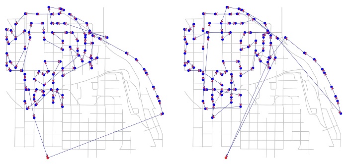 Illustration shows two alternative routes for the same area.