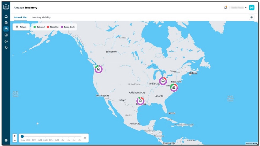 The illustration shows a map of the US with four inventory storage locations in Seattle, Texas, Indianapolis, and Washington DC.