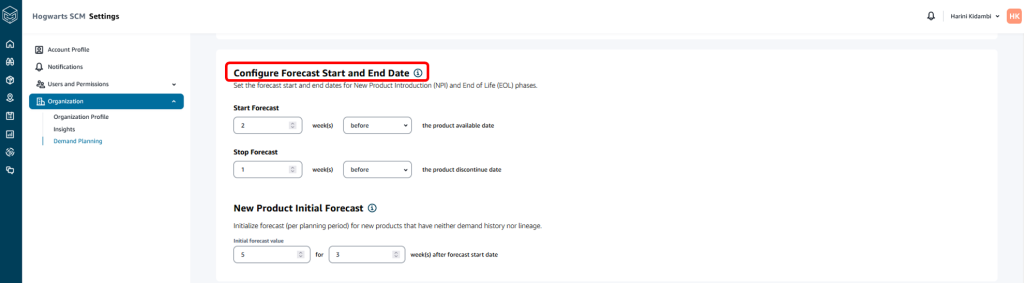 Forecast configuration setup screen