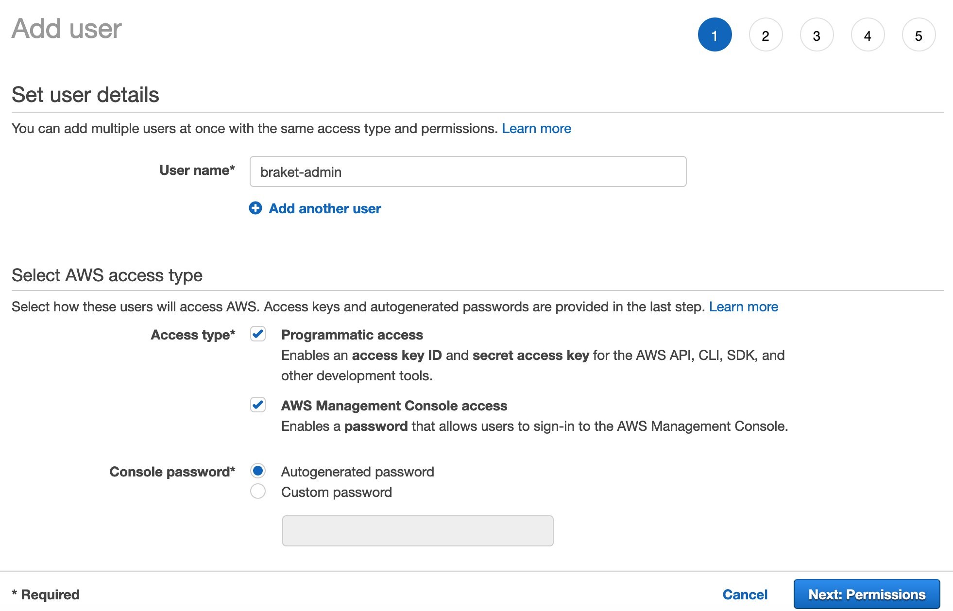 Picture of the AWS IAM console screen to set user details