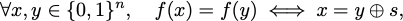 Simon's problem promise: for all x and y in {0,1}^n, f(x)=f(y) if and only if x=y oplus s