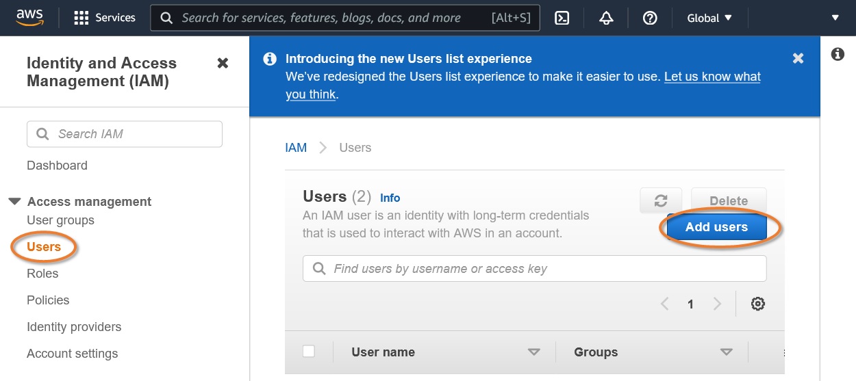 Main Identity and Access Management (IAM) screen showing the user creation menu