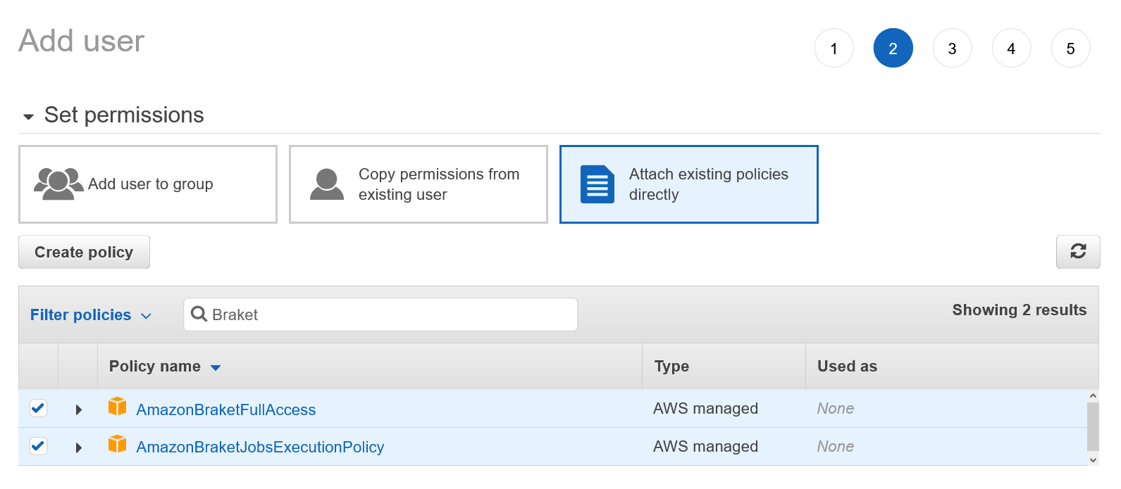 Identity and Access Management menu showing Amazon Braket policies