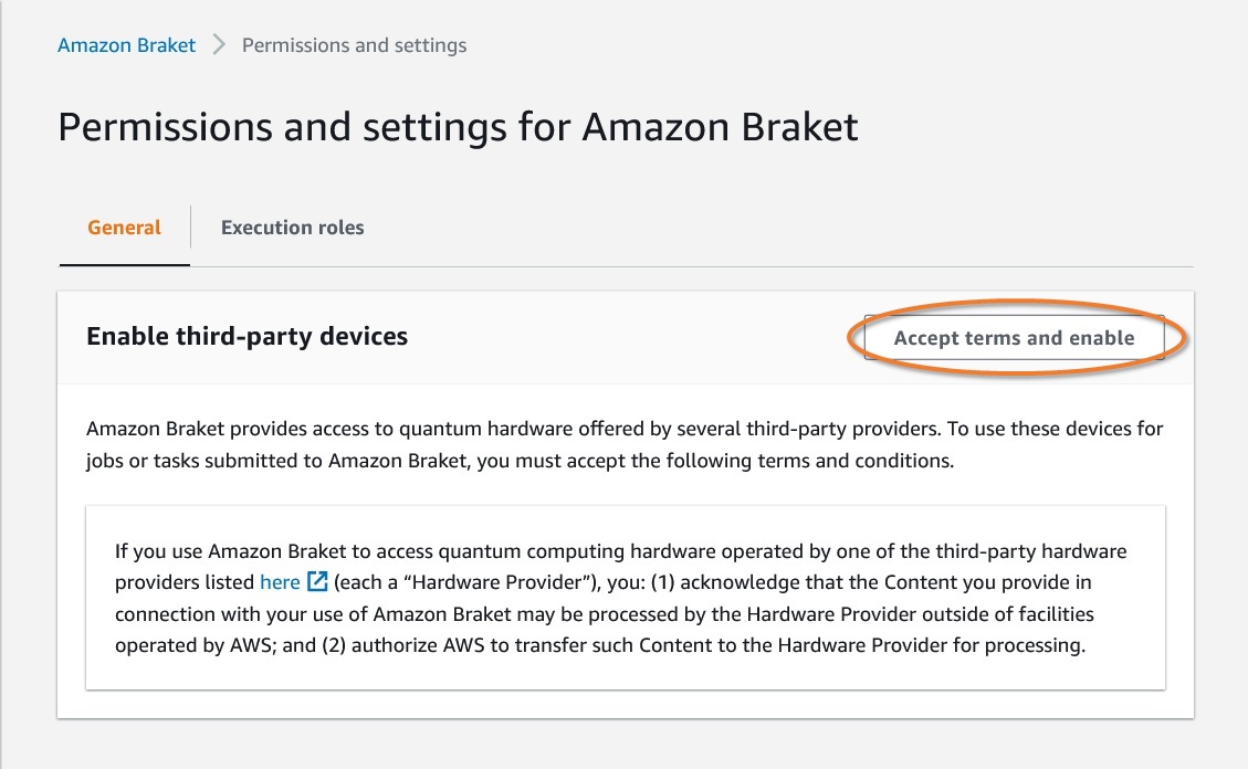 Detail of the General menu in the Amazon Braket permissions and settings page