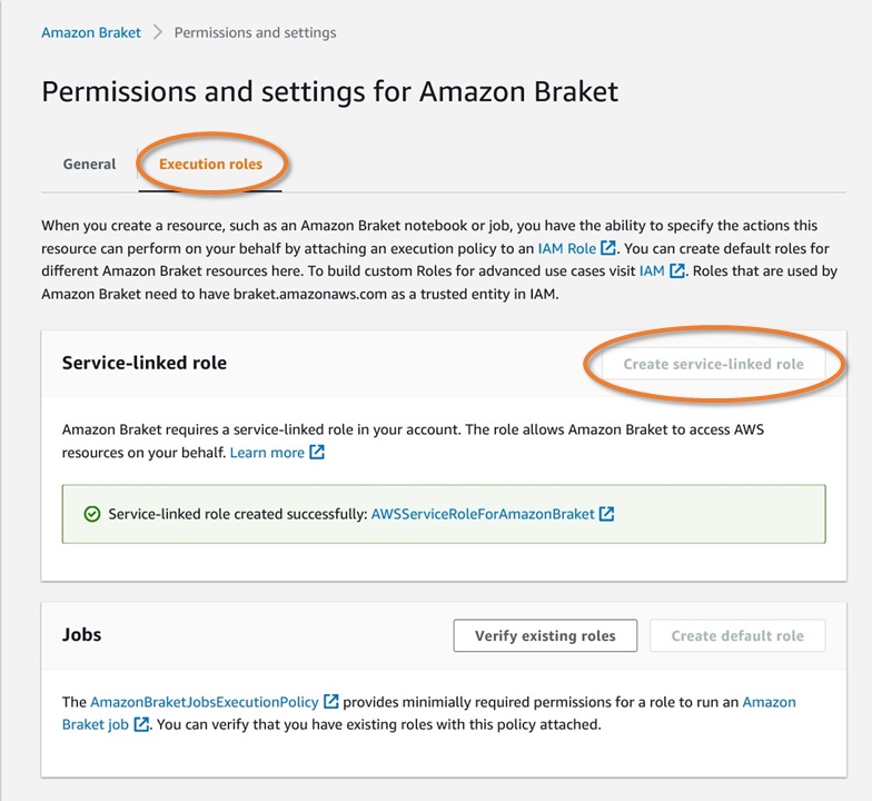 Detail of the Execution roles menu in the Amazon Braket permissions and settings page