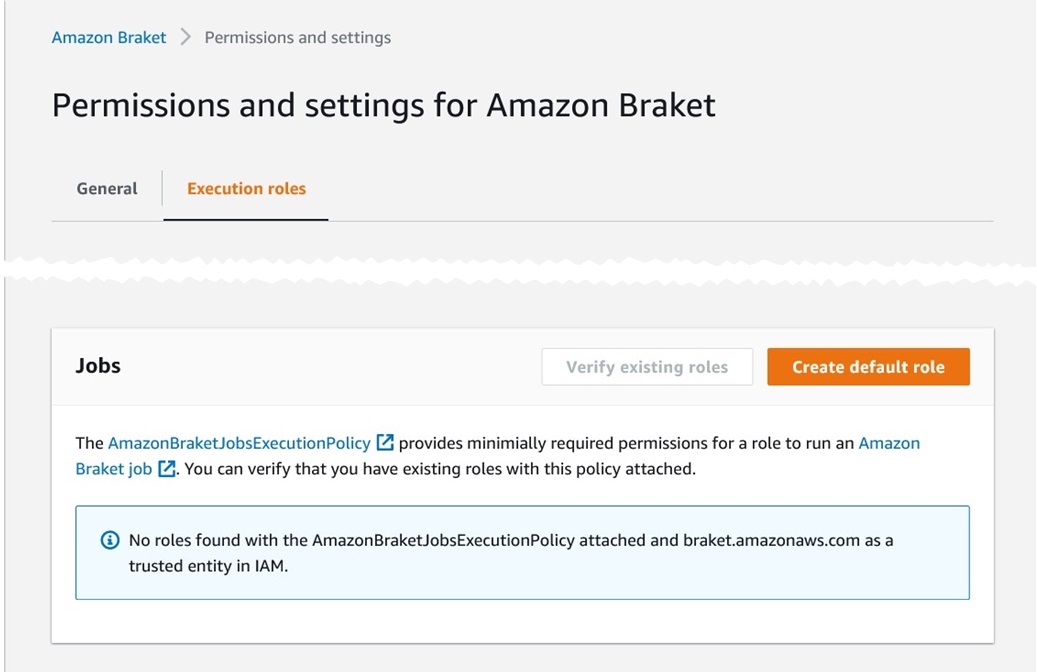 Detail of the Execution roles menu in the Amazon Braket permissions and settings page