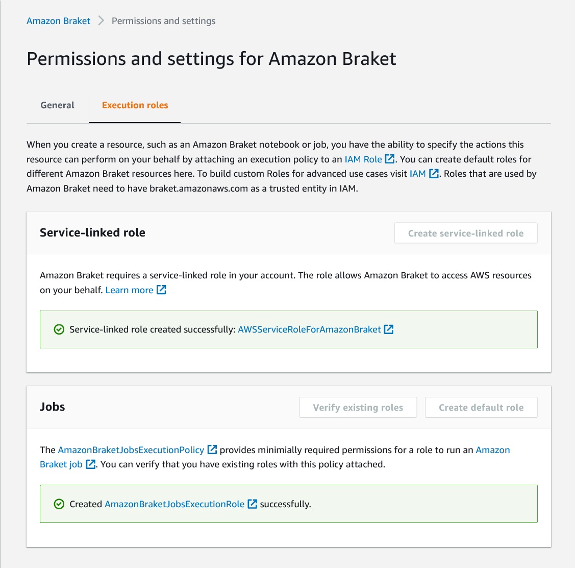 Amazon Braket permissions and settings page with correctly configured policies