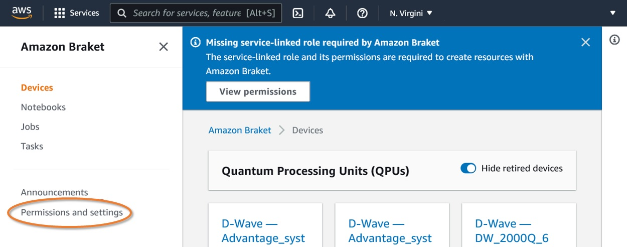 Link to the permissions and settings page in Amazon Braket Management Console