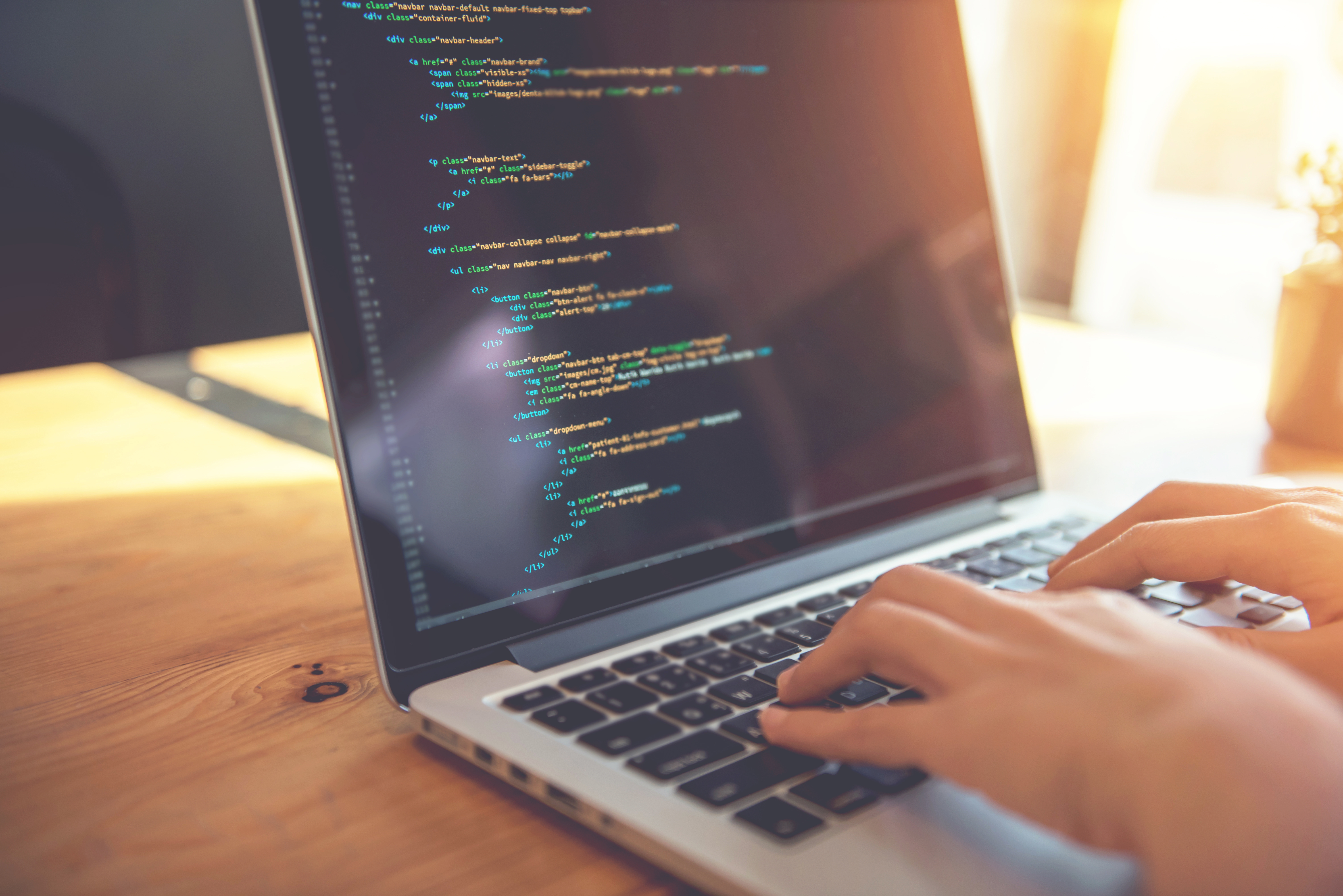 Closeup coding on screen, Woman hands programming on screen laptop