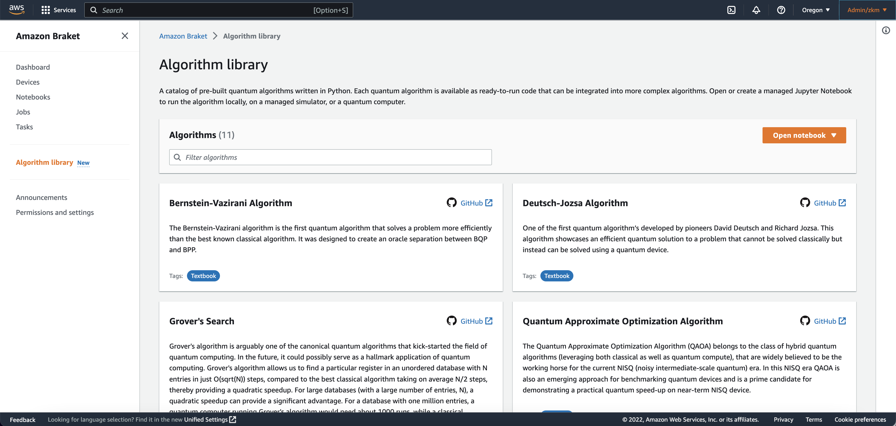 example dashboard of algo library