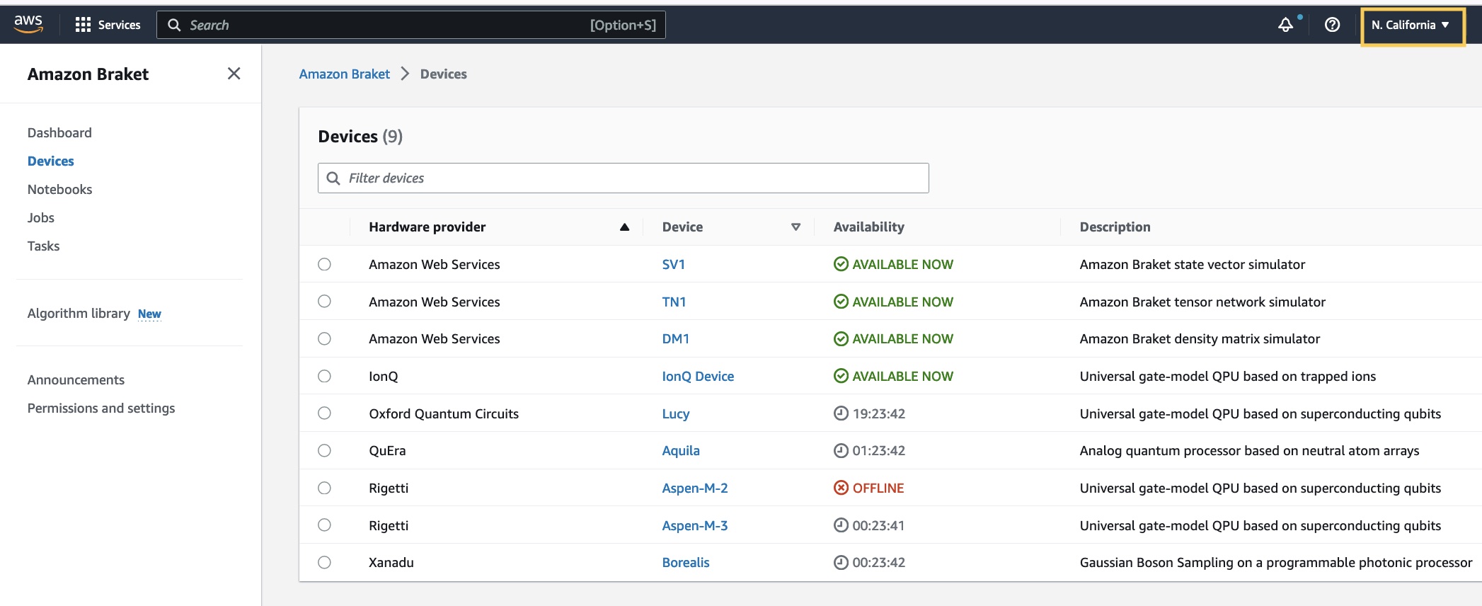 AWS Management Console - Amazon Braket devices