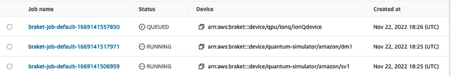 Figure 5: List of current running jobs in the Braket console page in us-east-1 region. 