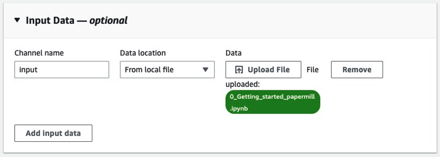 Figure 12: Selecting the input data as the input notebook, in this example “0_Getting_started_papermill.iypnb”.