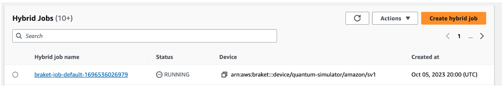 Figure 1. Illustration showing the status of the running hybrid job in the Amazon Braket console. 