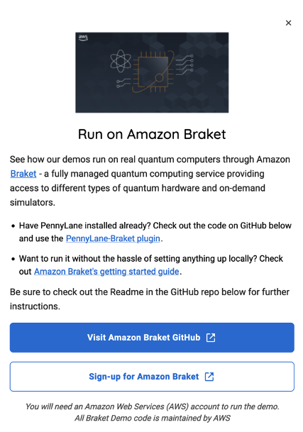 Figure 4 Modal with information about the Braket service and links to helpful resources 