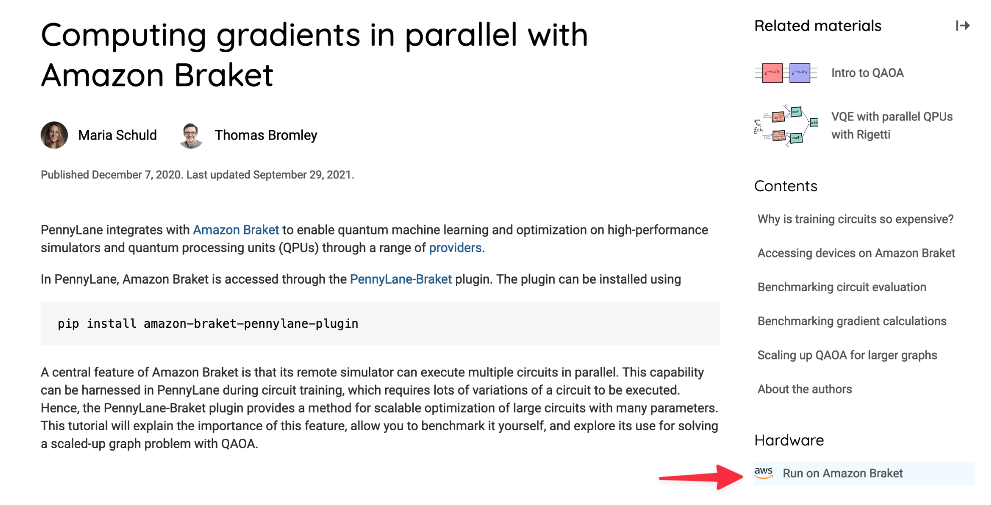 Figure 3. Example PennyLane demo showing the Run on Amazon Braket button in the Hardware section 