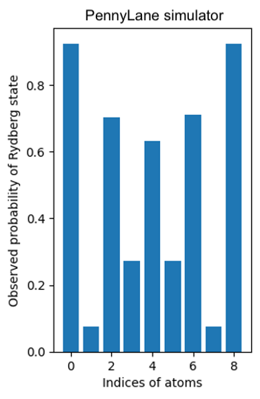 Figure 3: Observed probability of Rydberg atom occupancy by index for the PennyLane and Amazon Braket AHS simulators