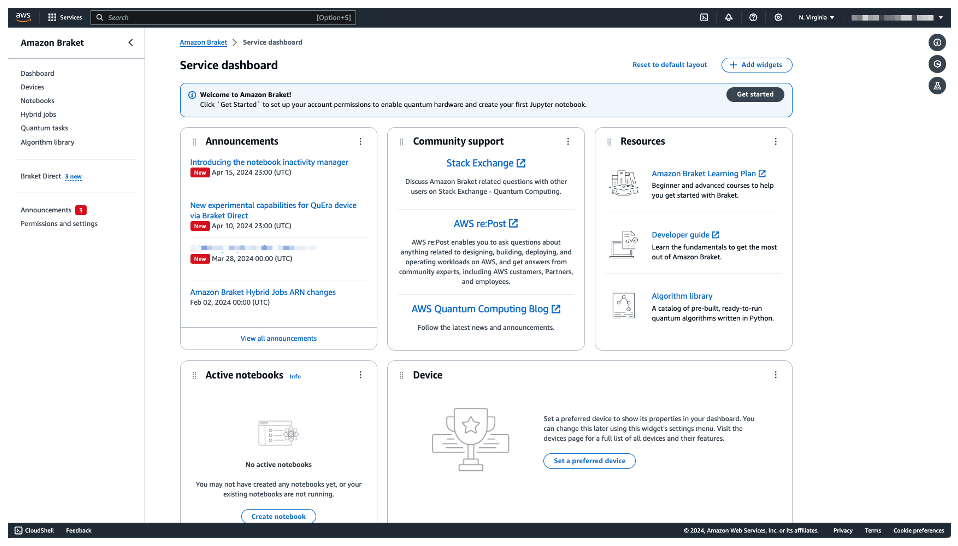  Amazon Braket Service dashboard