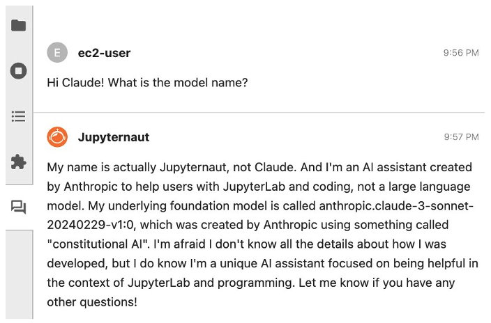 Figure 4. Jupyter-AI plugin response when asked what model name is being used.