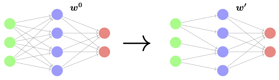  An illustration of pruning weights from a small neural network. The original weights – before pruning, are denoted by w0, while the weights after pruning are denoted by w’.