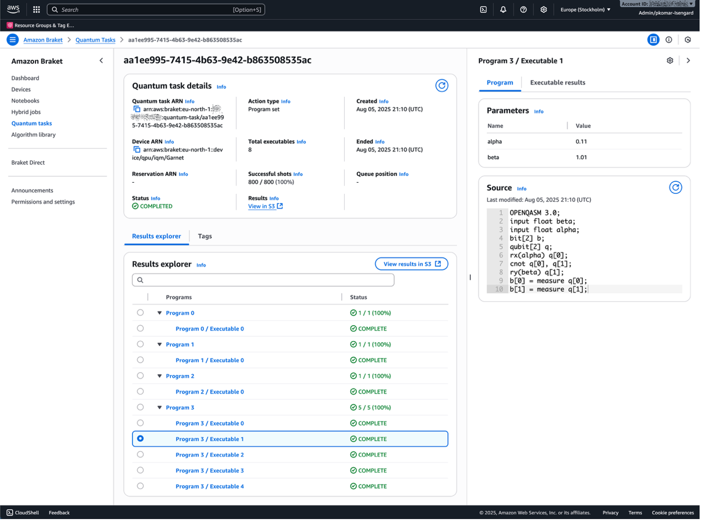 total executables and successful shots. Once completed, you can inspect the program set in the “Result explorer” tab, which displays the hierarchy of programs (or circuits) and executables in the program set as an expandable tree. After selecting an executable, the console displays its specifications (circuit definition, as OpenQASM code, and parameter values) and its results.